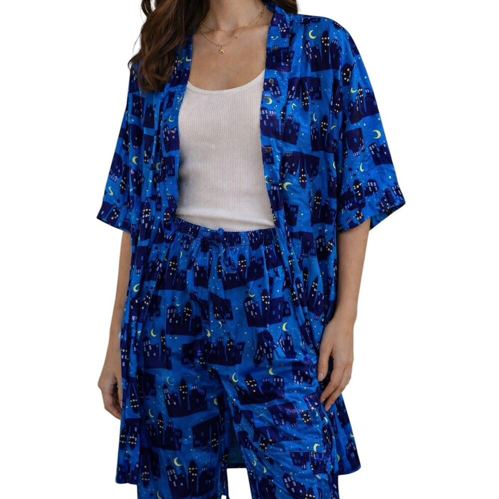Vintage Miss Fifi Cityscape Robe & Pants Set Large Blue Night Skyline Print 90s